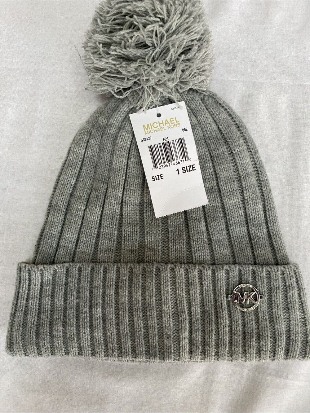 Michael Kors Pom Beanie Hat Gray Cuffed $48 Msrp